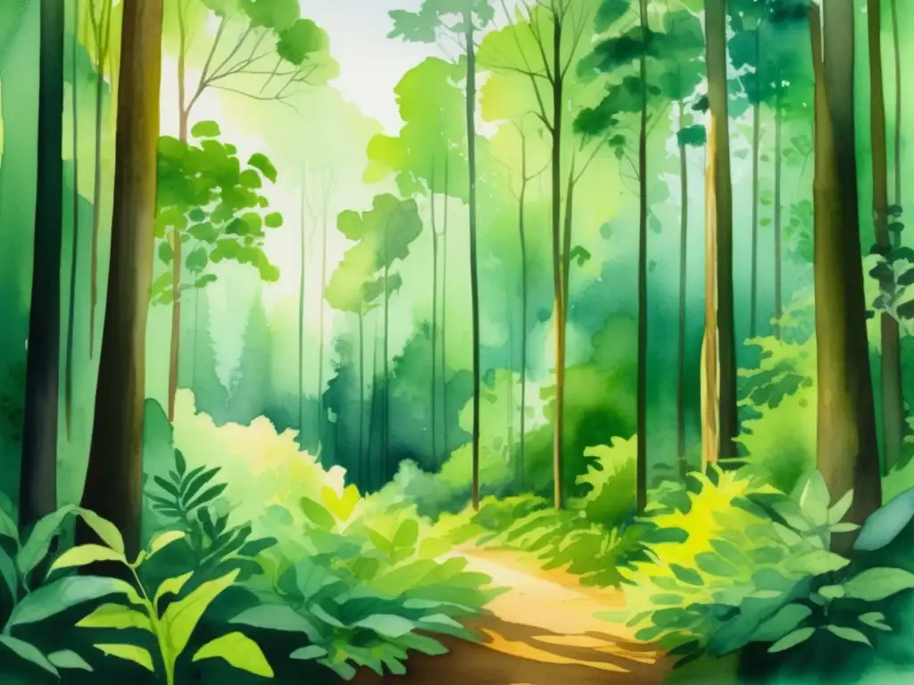 Pintura acuarela de un frondoso bosque verde, con árboles altos y variados tonos de verde