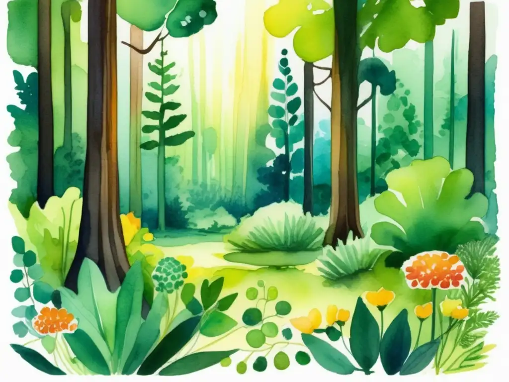 Ilustración vívida de un bosque verde con árboles altos y flores vibrantes