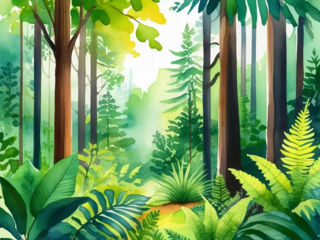 Importancia de la respiración en plantas adaptabilidad: Ilustración acuarela vibrante de un exuberante bosque verde con diversa vida vegetal