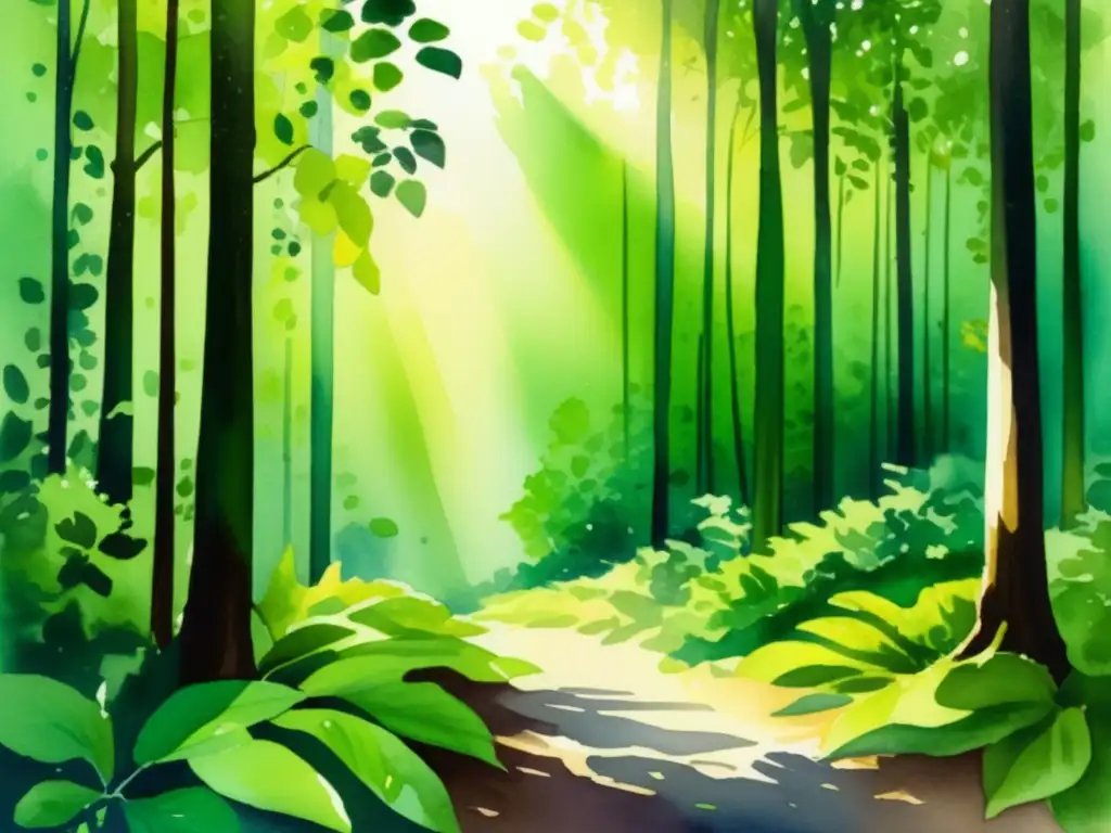 Pintura acuarela: bosque verde exuberante con luz solar y fotosíntesis