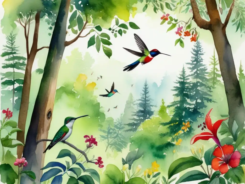 Ilustración acuarela de bosque exuberante con árboles altos y flores coloridas, aves diversas y vida silvestre oculta