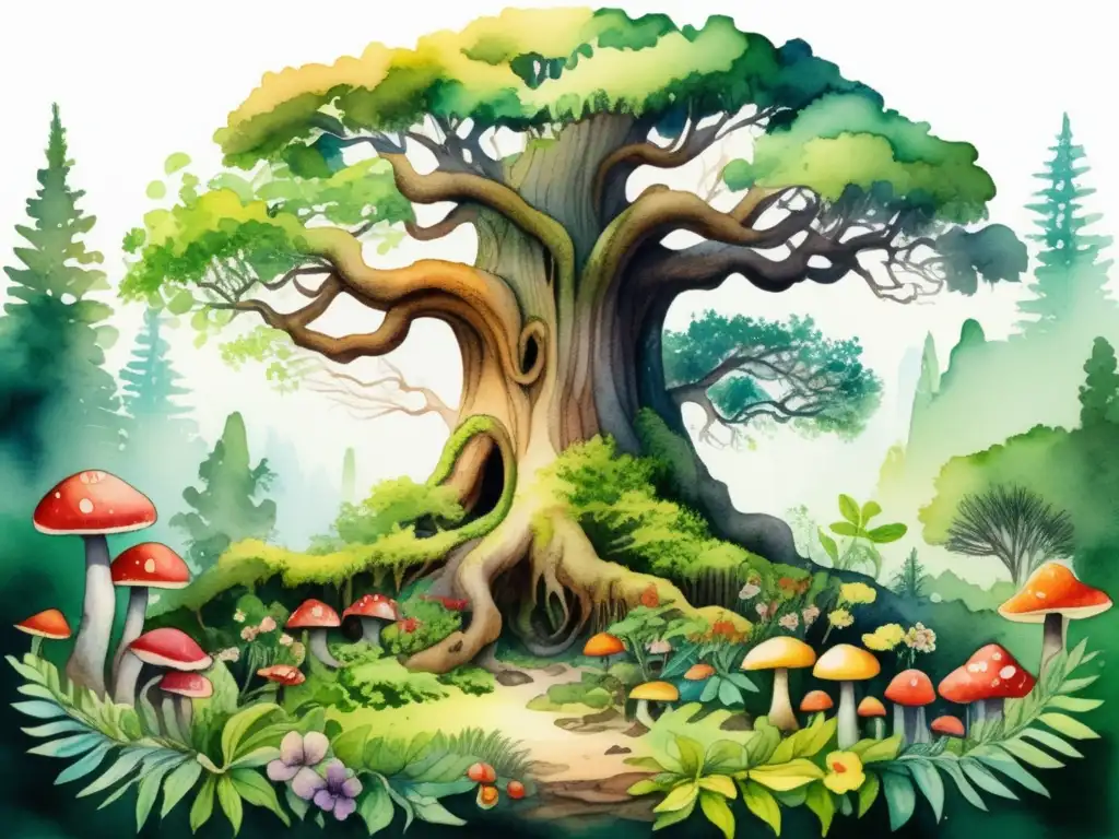 Ilustración acuarela detallada de un vibrante bosque, árbol antiguo con ramas frondosas, raíces intrincadas, flores coloridas, hongos y vida silvestre