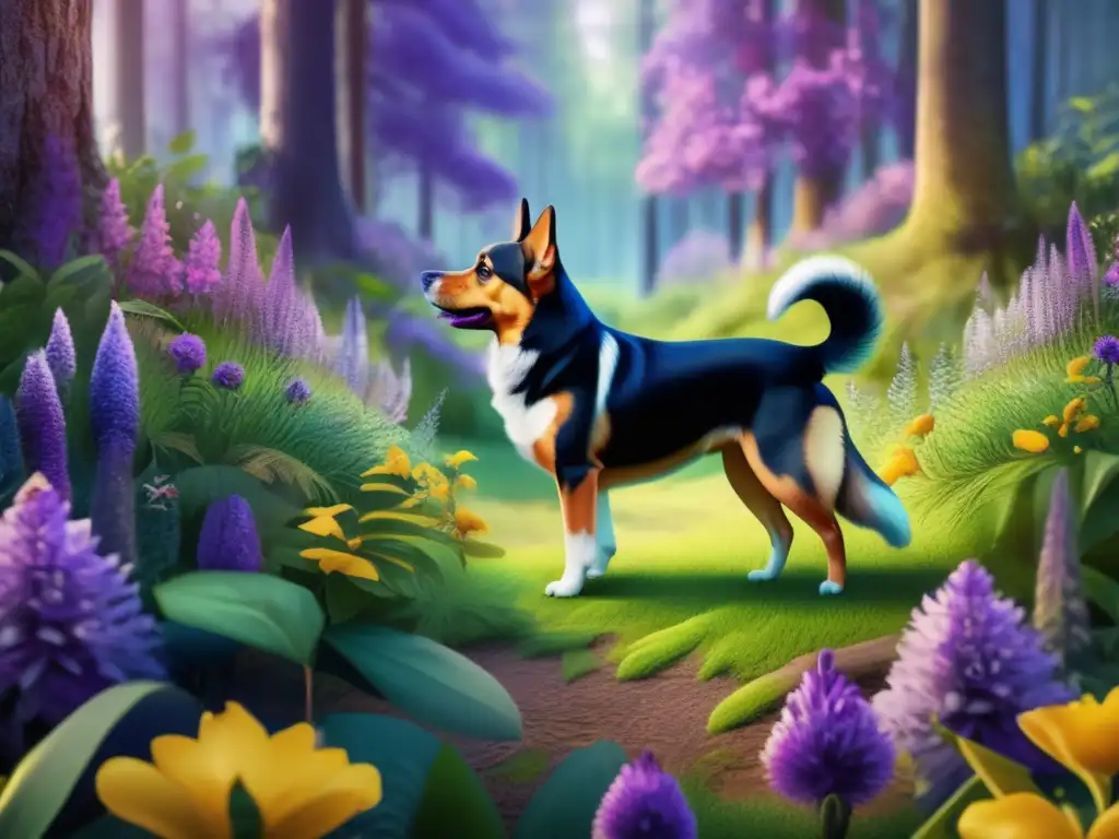 Bosque vibrante con perro y flor Bosque vibrante con plantas y árboles, perro, flores y venados
