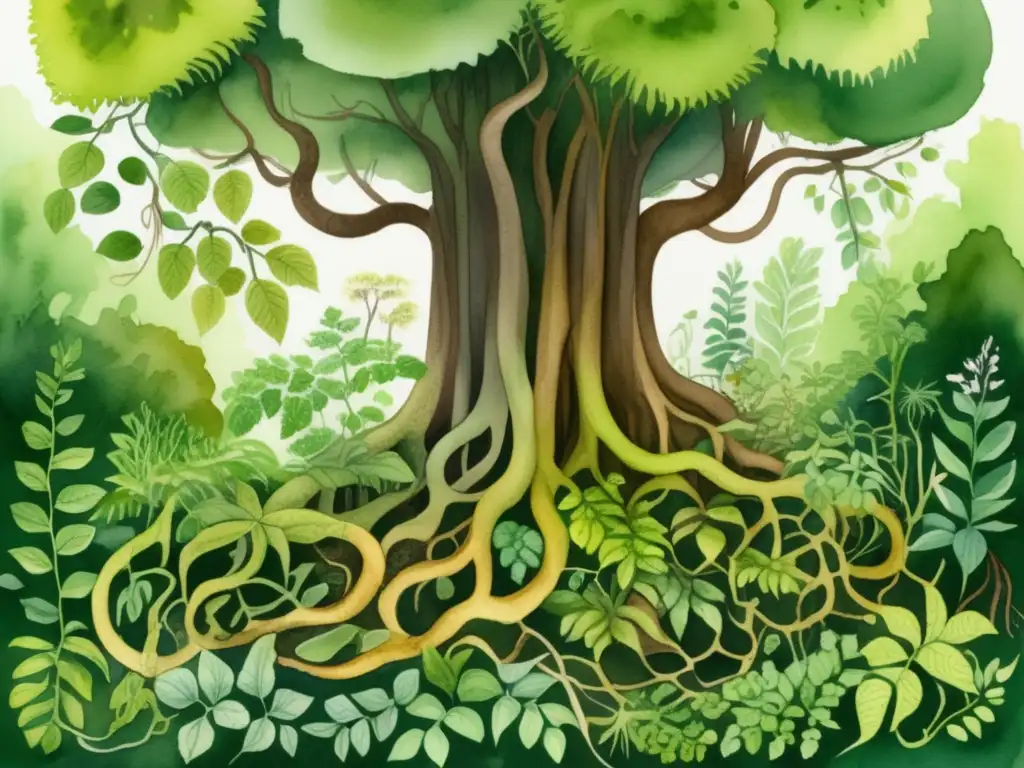 Ilustración detallada en acuarela de un bosque vibrante con raíces de plantas y nematodos