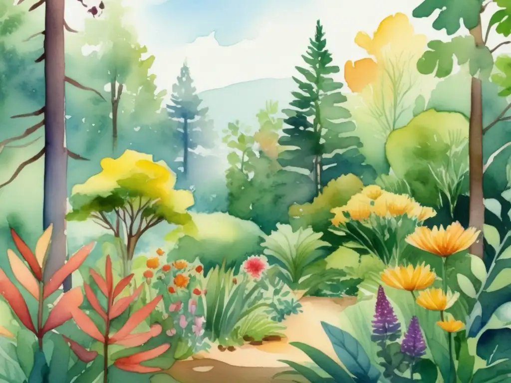 Ilustración de acuarela vibrante de un ecosistema exuberante y diverso de plantas en un bosque soleado