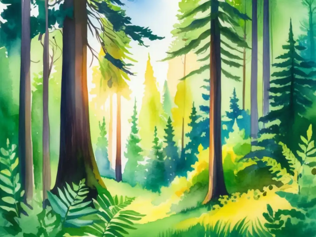 Pintura acuarela: Escena bosque exuberante - Importancia reforestación sostenible