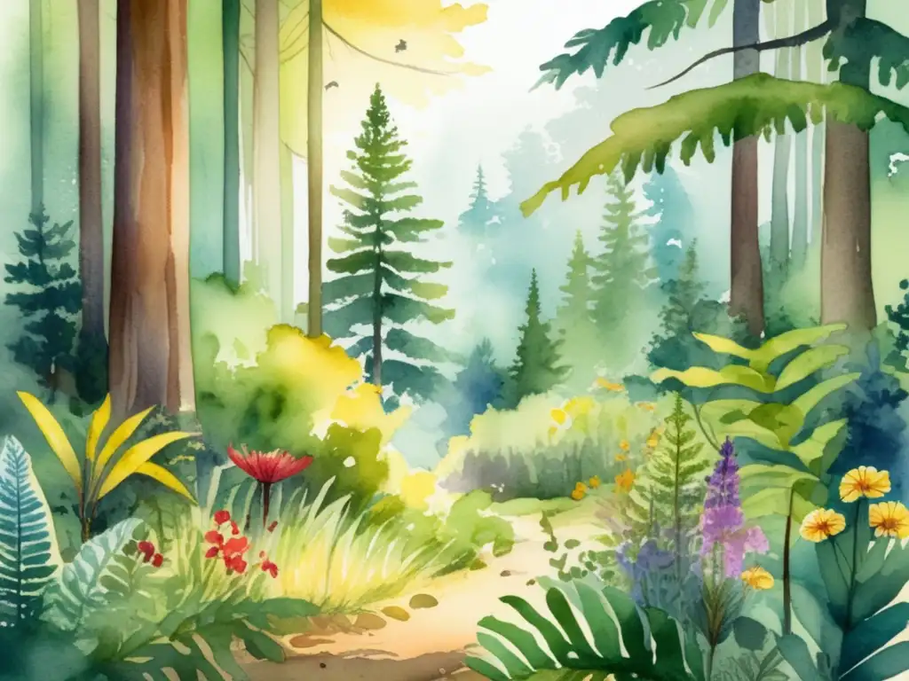 Ilustración acuarela: bosque exuberante y vibrante, árboles diversos, flores, animales, reforestación sostenible