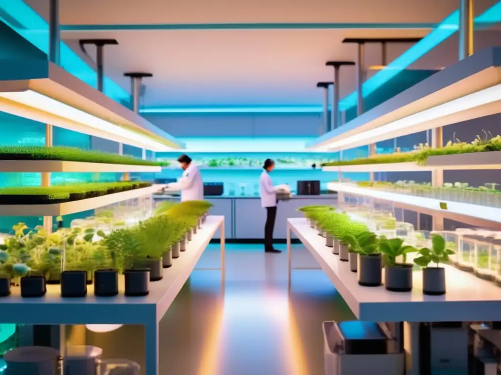 Laboratorio botánico con manipulación genética en plantas