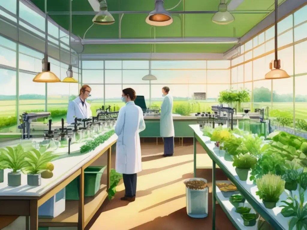 Importancia botánica en agricultura sostenible: campo verde, investigación científica, laboratorio, agricultura moderna