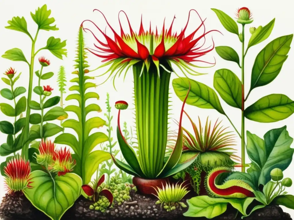 Mecanismos de defensa en plantas: Imagen acuarela detallada de escena botánica exuberante y vibrante