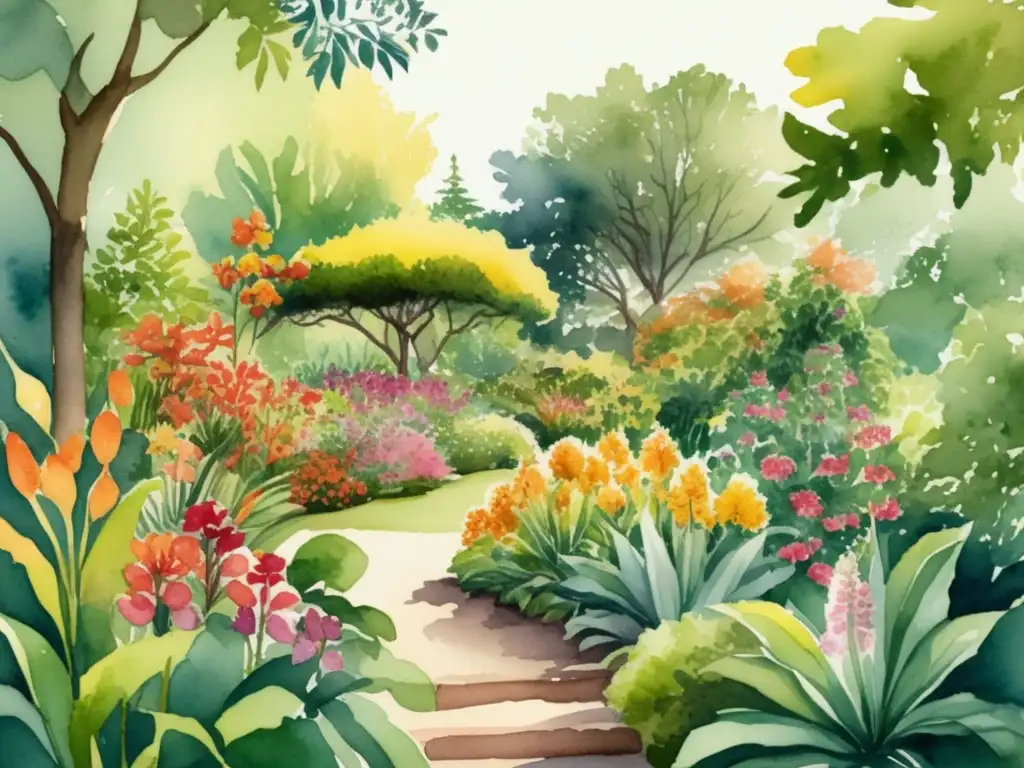 Ilustración acuarela detallada de un exuberante jardín botánico con variedad de especies vibrantes