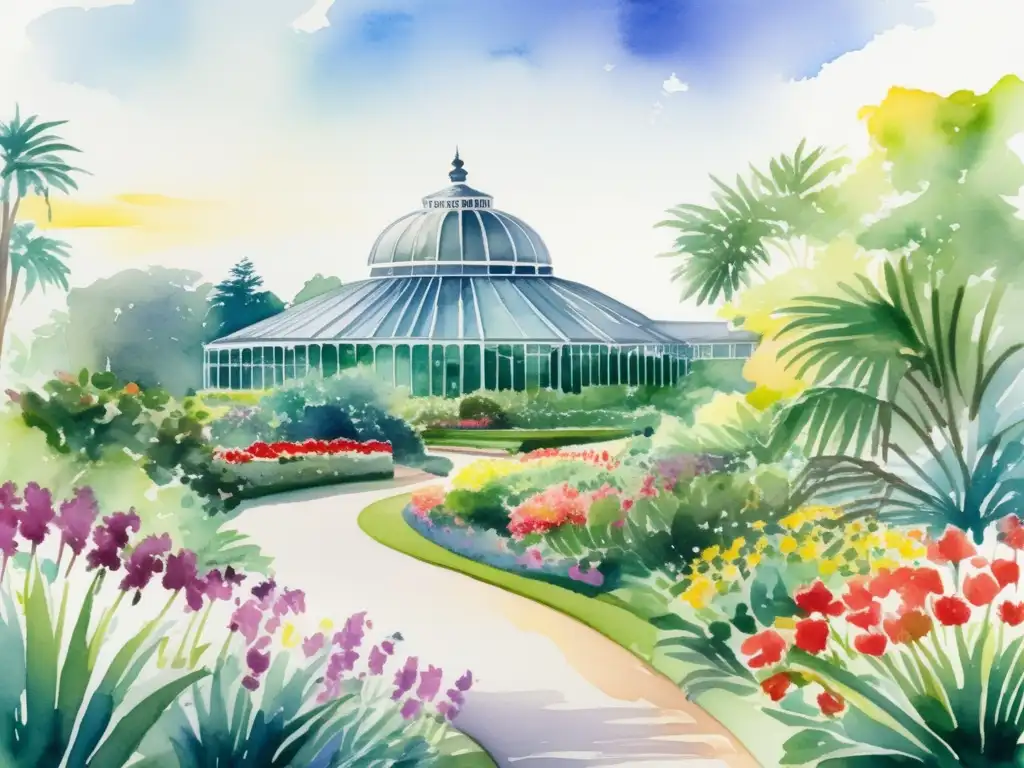 Jardín Botánico de Kew: Historia y diseño, con detalles acuarela de la exuberante flora y el icónico Palm House