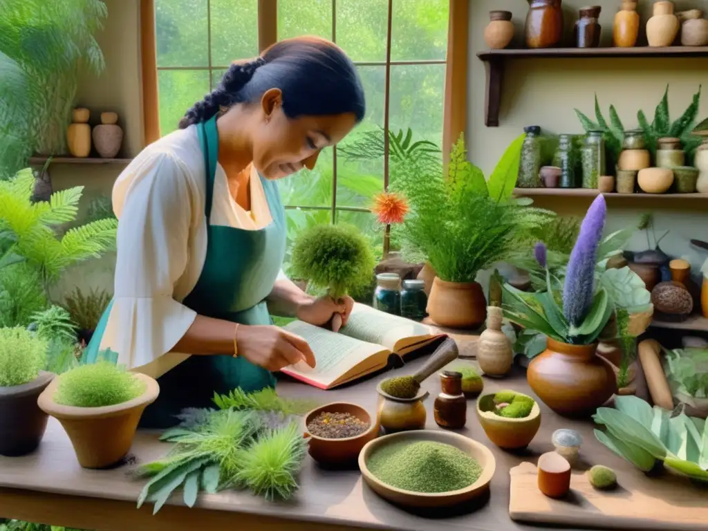 Jardín botánico con plantas medicinales y culinarias: pintura de acuarela detallada con colores vibrantes, herbalista preparando una poción