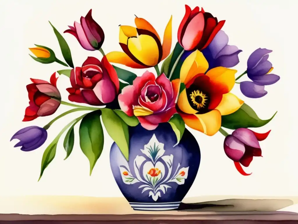 Bouquet de Rosas, Tulipanes y Girasoles en un elegante jarrón de cerámica vintage