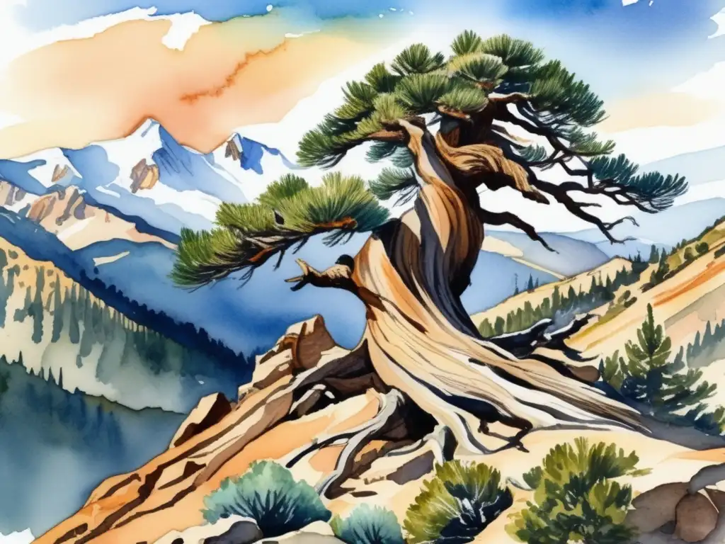 Árbol Bristlecone, adaptaciones plantas montaña: imagen acuarela detallada de un majestuoso árbol Bristlecone en una cima rocosa