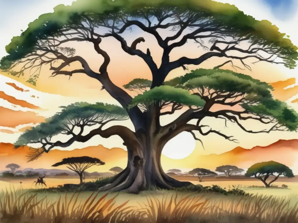 Beneficios medicinales del Bucida Buceras en África: paisaje sereno al atardecer con árbol majestuoso y plantas medicinales