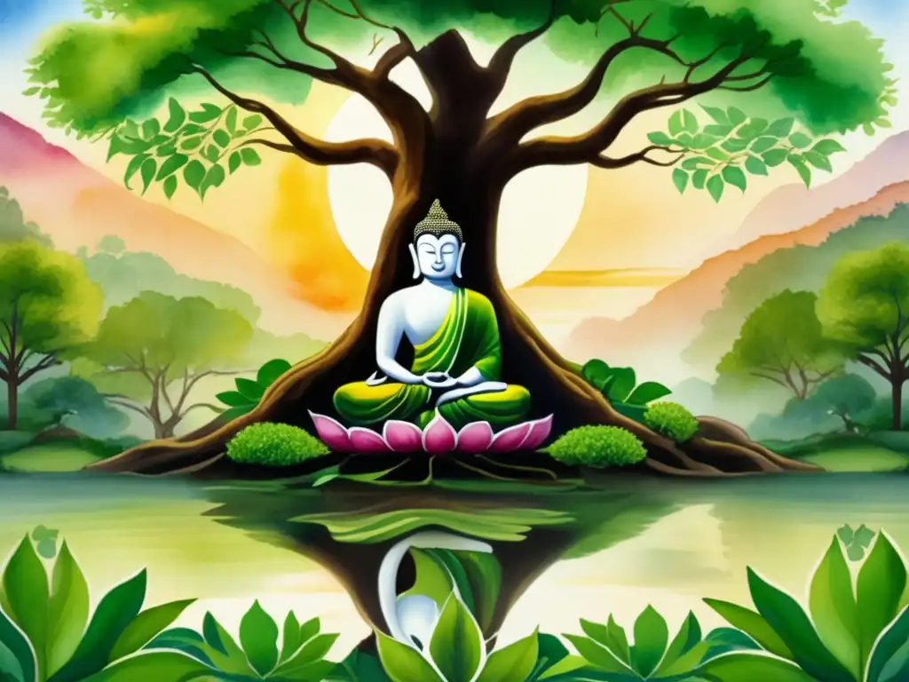 Pintura acuarela detallada del despertar de Buda bajo el árbol Bodhi