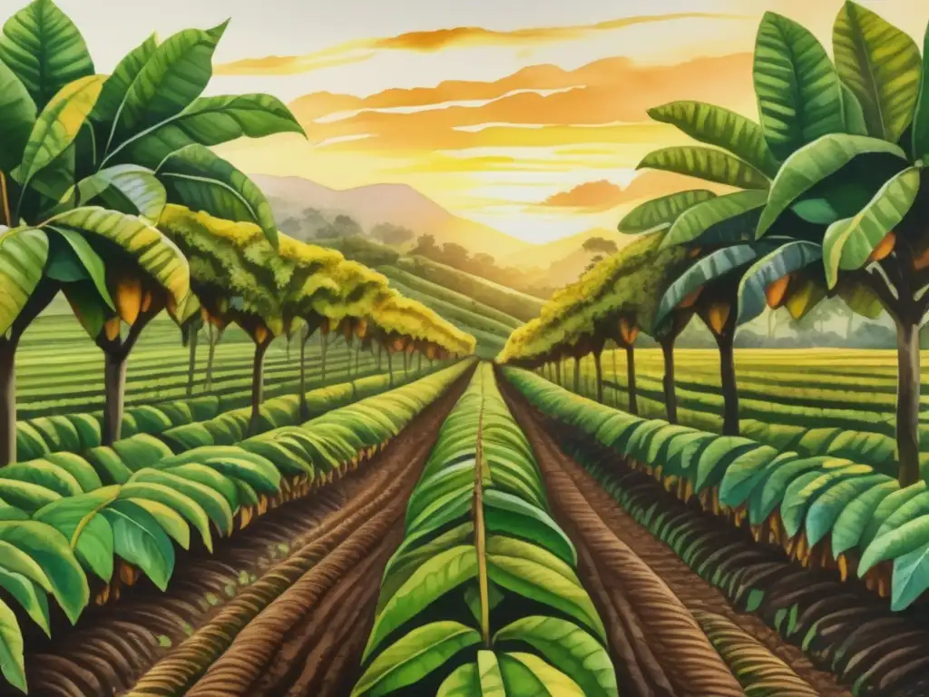 Plantación de cacao al atardecer: beneficios medicinales y culinarios del cacao