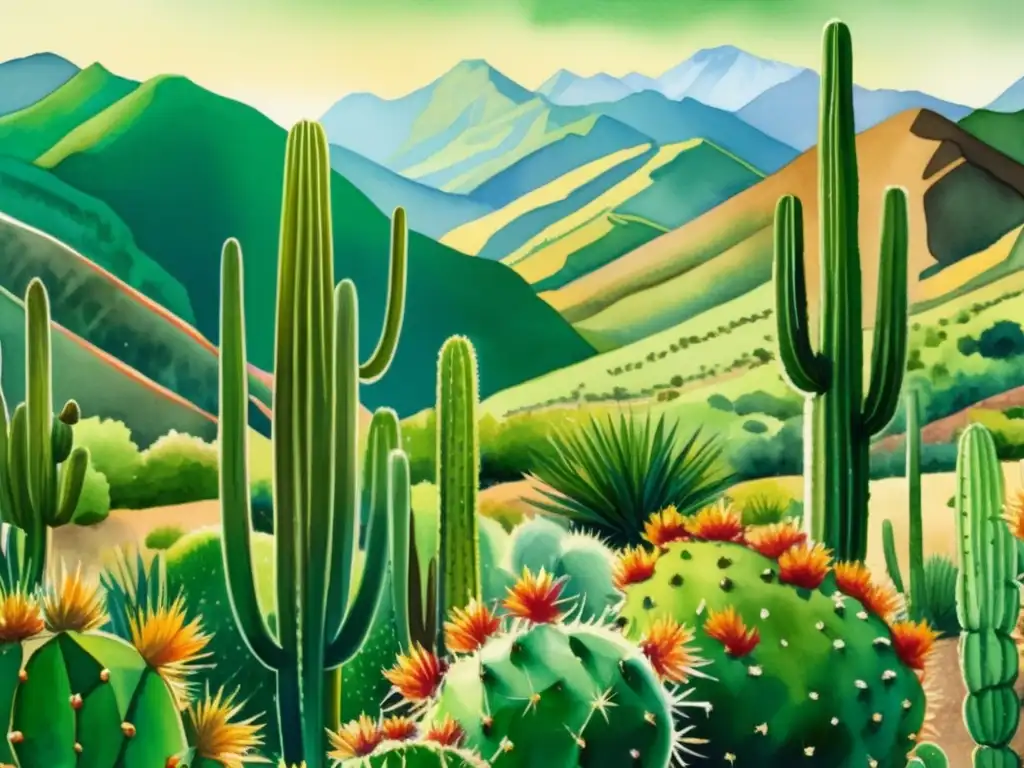 Pintura detallada del cactus San Pedro en los Andes, con beneficios medicinales (110 caracteres)