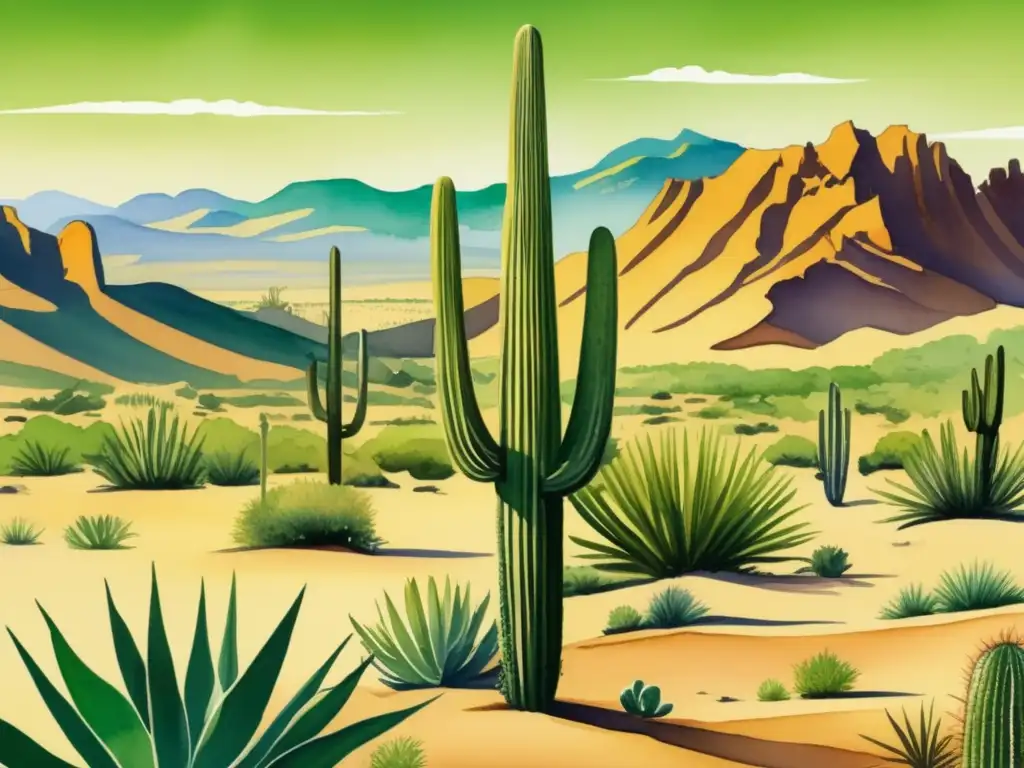 Ilustración detallada muestra cactus destacado en paisaje desértico: adaptación de plantas a ambientes diversos