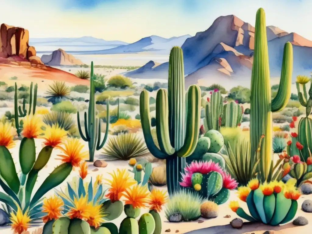 Paisaje vibrante de desierto con cactus adaptados al cambio climático