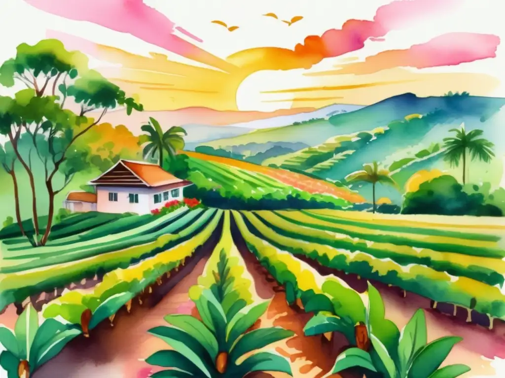 Ilustración acuarela de una plantación de café exuberante durante el amanecer