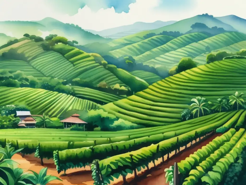 Ilustración acuarela hermosa de una plantación de café exuberante rodeada de colinas