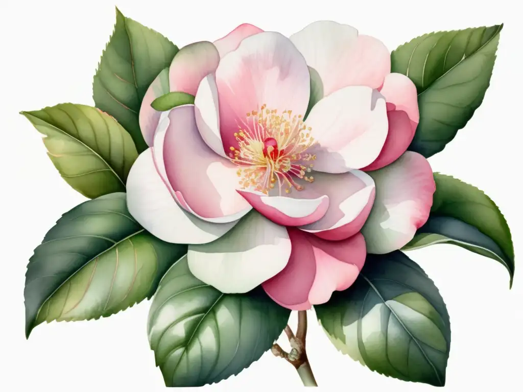 Flor Camellia Japonica: Historia y elegancia - Detallada acuarela de una planta en flor, resaltando sus elegantes y intricados rasgos