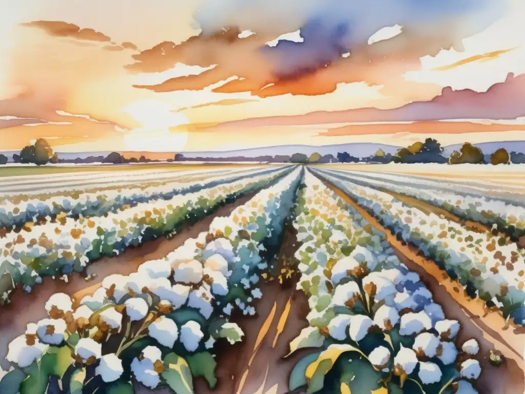 Pintura acuarela de un extenso campo de algodón al atardecer - Importancia histórica del comercio mundial de algodón