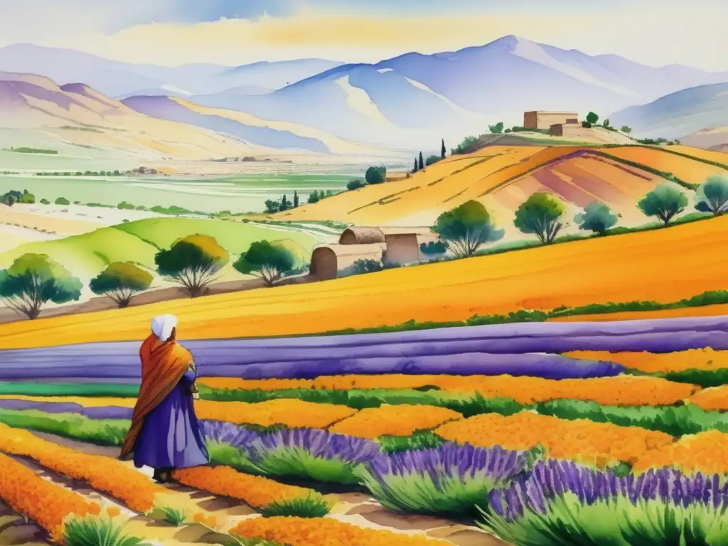 Paisaje de granja de azafrán en Irán, con flores y agricultores recolectando - Beneficios económicos del azafrán en Irán