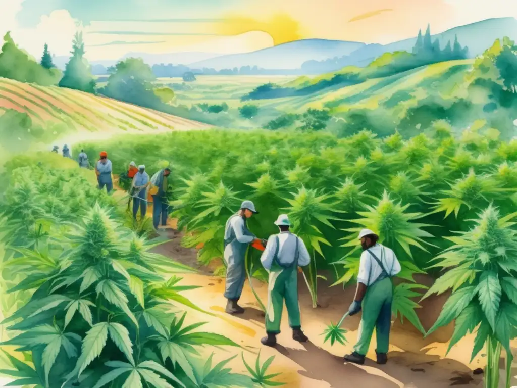 Beneficios medicinales del cannabis: ilustración detallada de un campo de cannabis, cultivado responsablemente, con trabajadores en primer plano