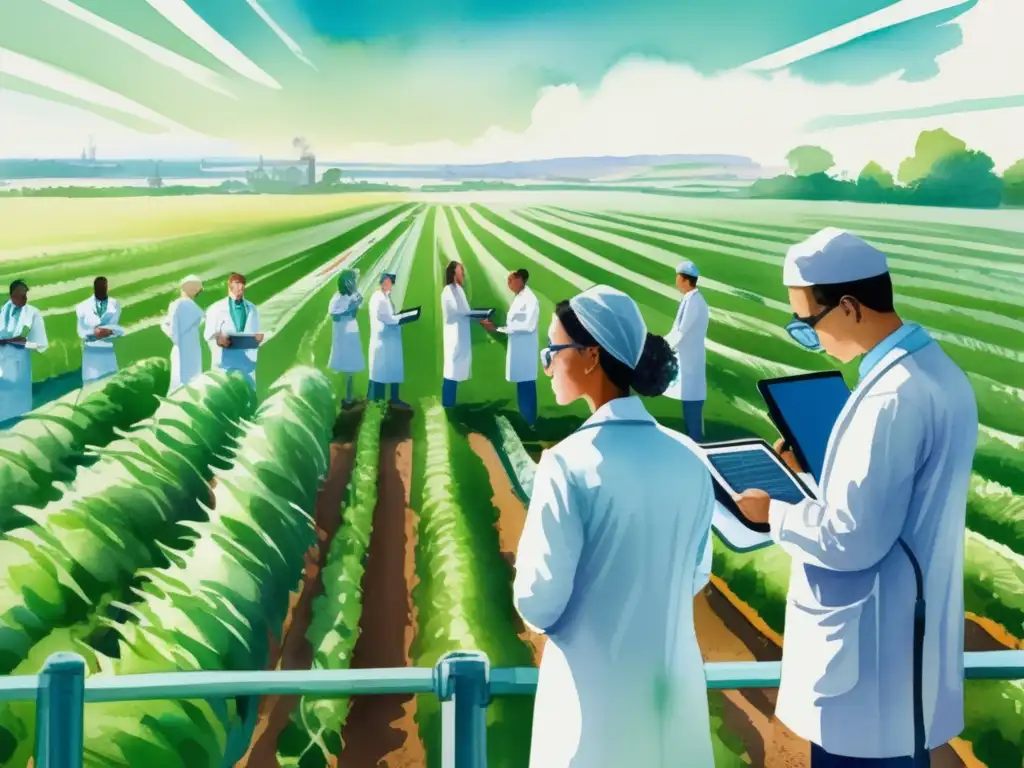 Herramientas digitales biotecnología vegetal: campo de cultivos con científicos y tecnología avanzada