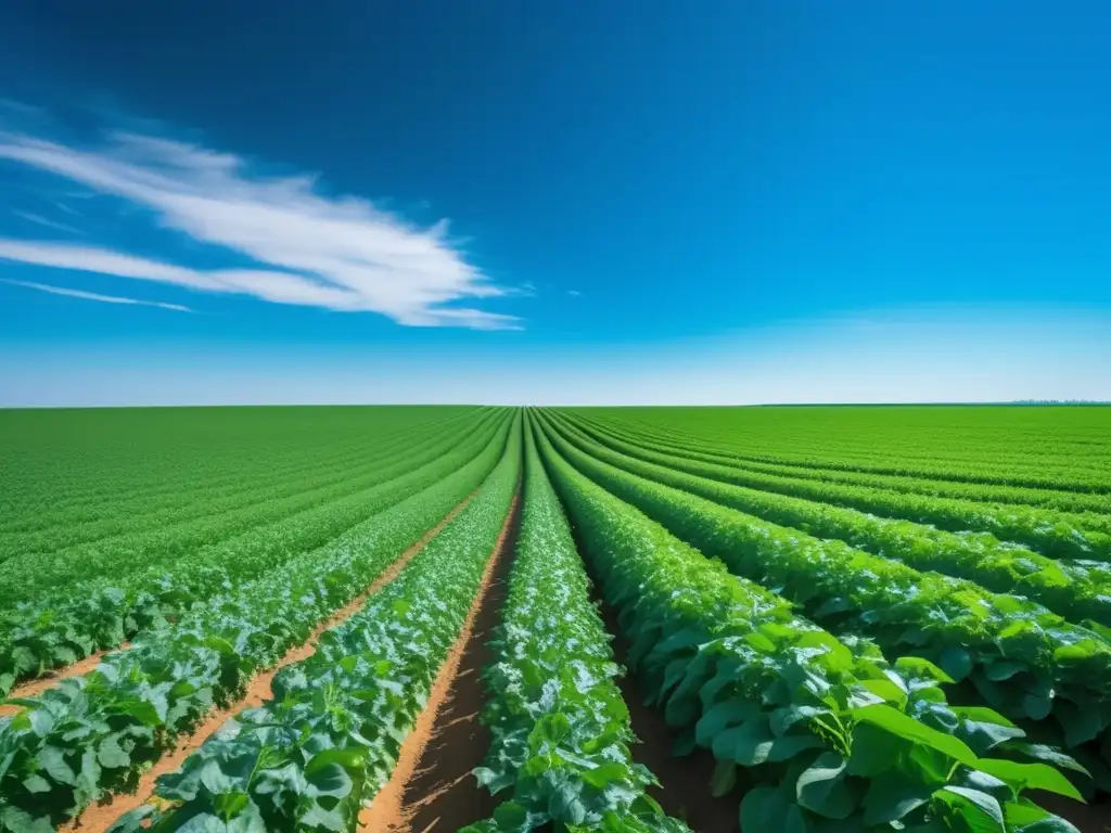 Beneficios y riesgos de plantas GMO en un campo verde lleno de cultivos genéticamente modificados