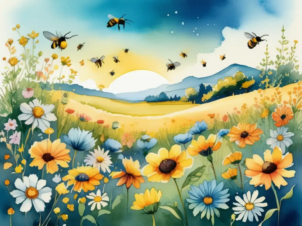 Ilustración acuarela muestra campo de flores, cielo azul y montañas