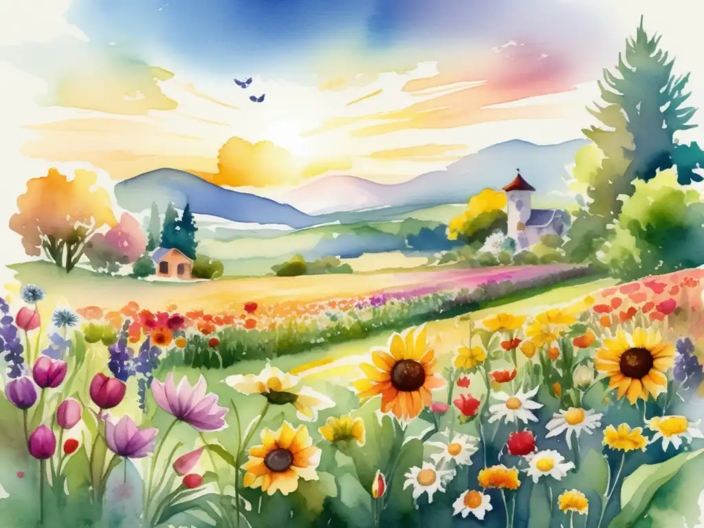 Ilustración acuarela de un vibrante campo de flores en plena floración