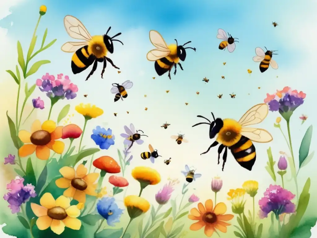 Ilustración acuarela: campo colorido, abejas, biodiversidad