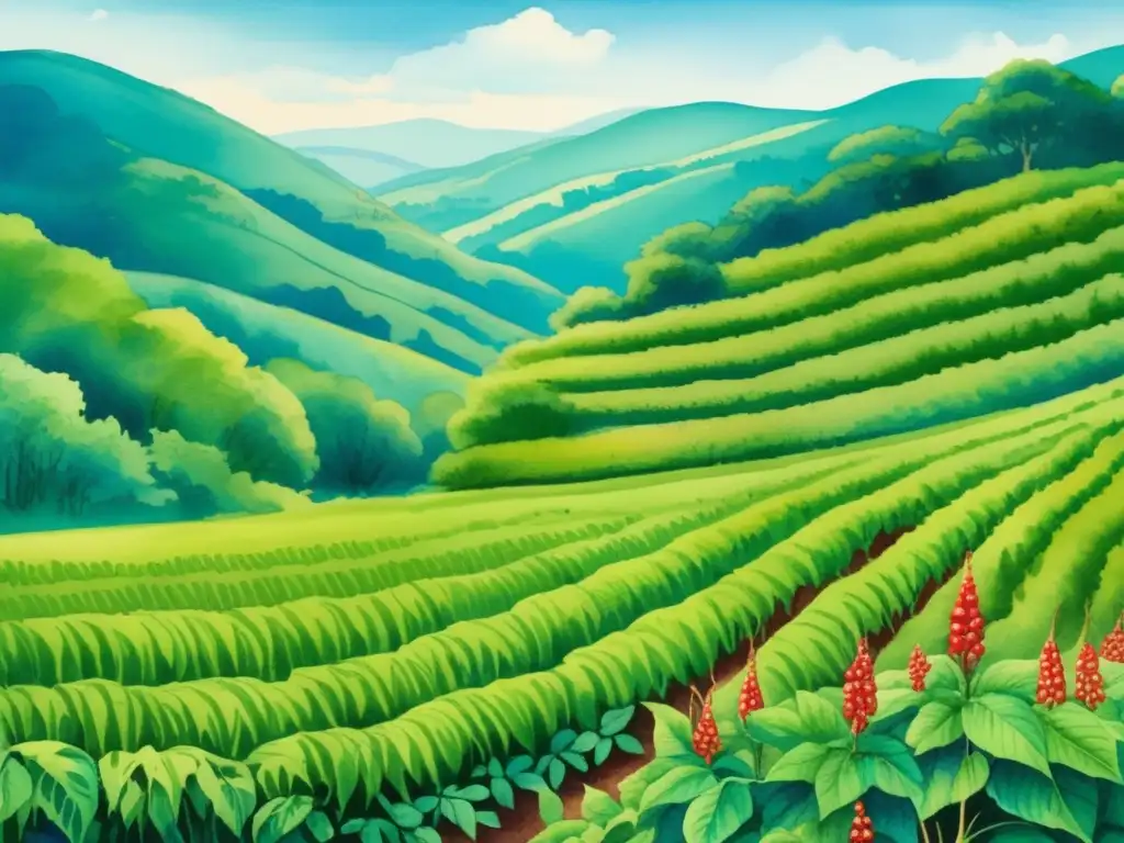 Ilustración acuarela vibrante de un exuberante campo de ginseng, rodeado de colinas y cielo azul