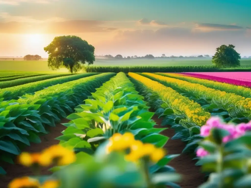 Beneficios biotecnología en plantas en peligro: campo verde con plantas modificadas genéticamente y científicos supervisando su crecimiento