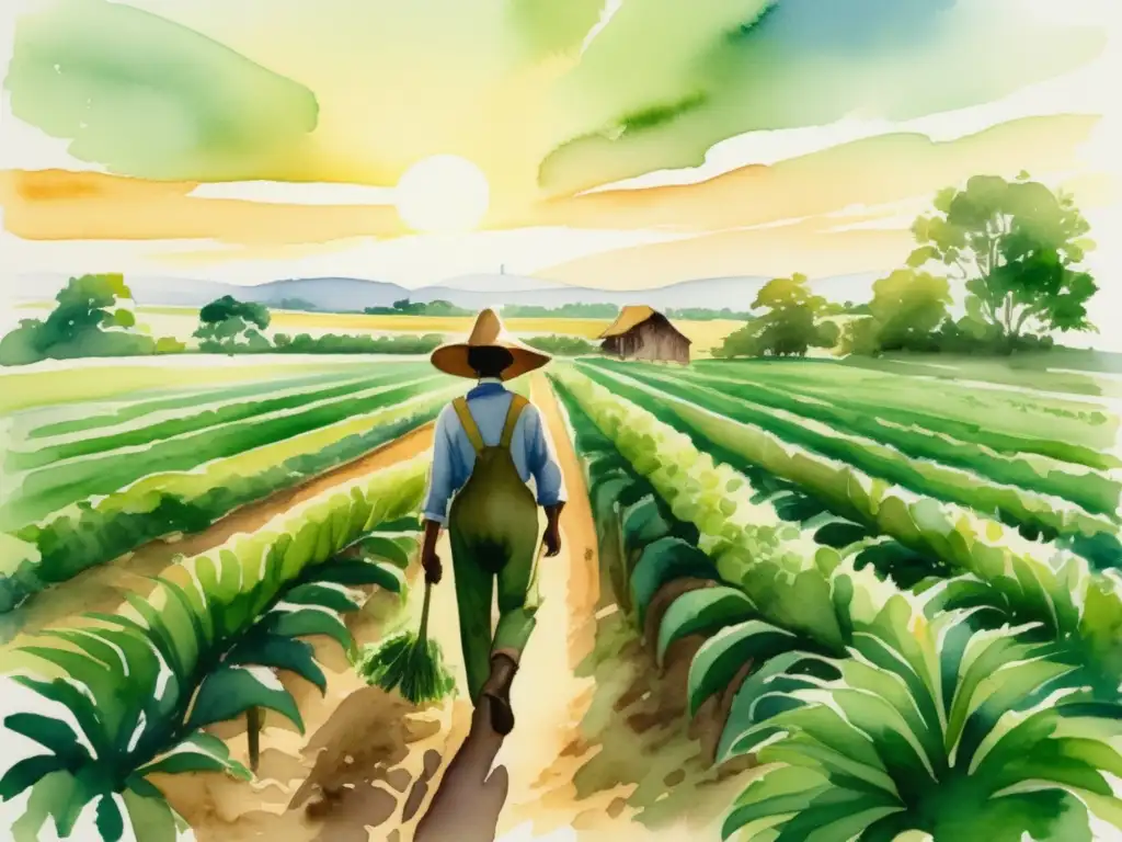 Agricultor plantando árbol en campo de cultivo, ilustración acuarela detallada