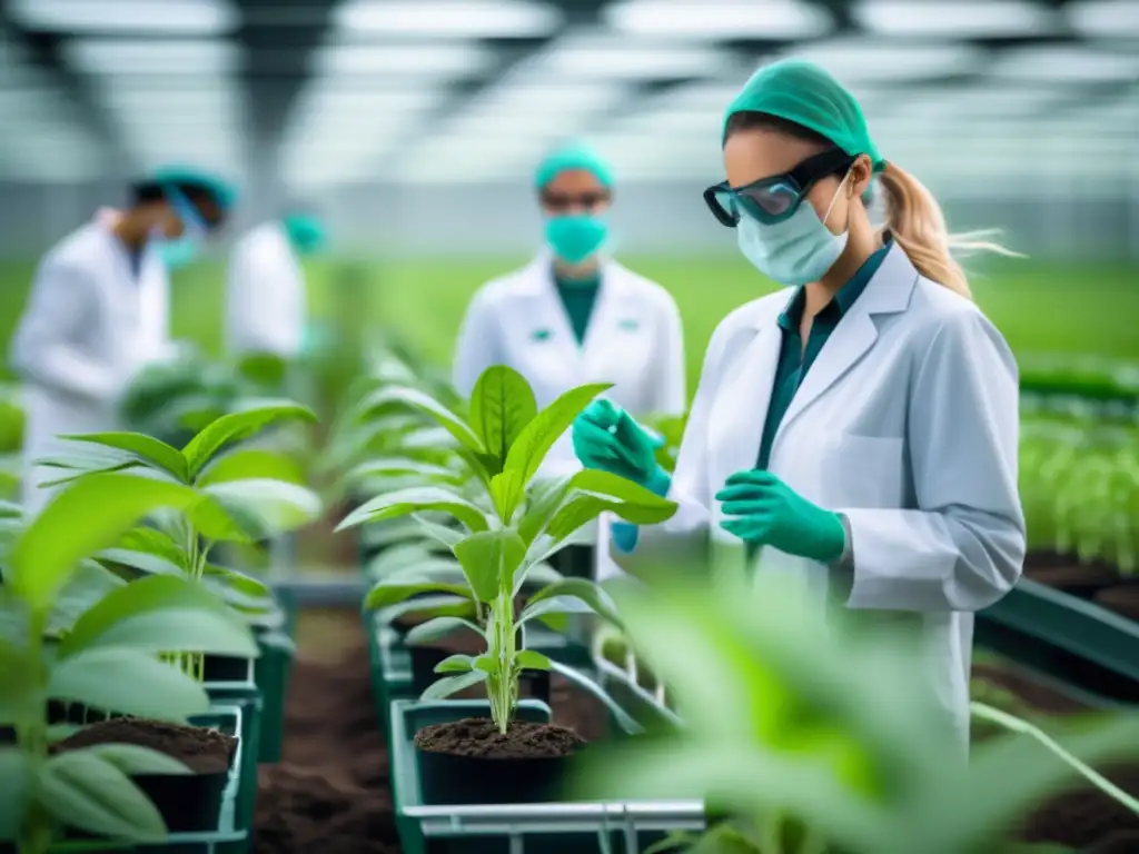 Beneficios biotecnología plantas: campo verde con plantas altas y científicos en laboratorio