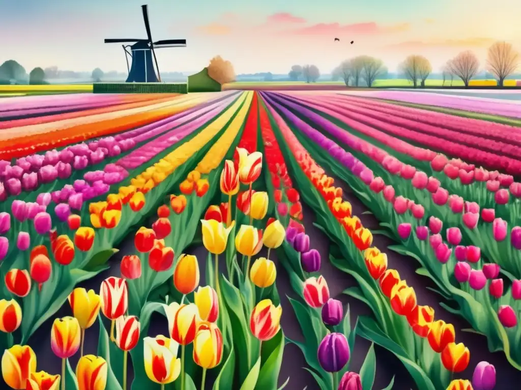 Impacto cultural tulipanes Países Bajos, campo vibrante y colorido de tulipanes en una ilustración acuarela
