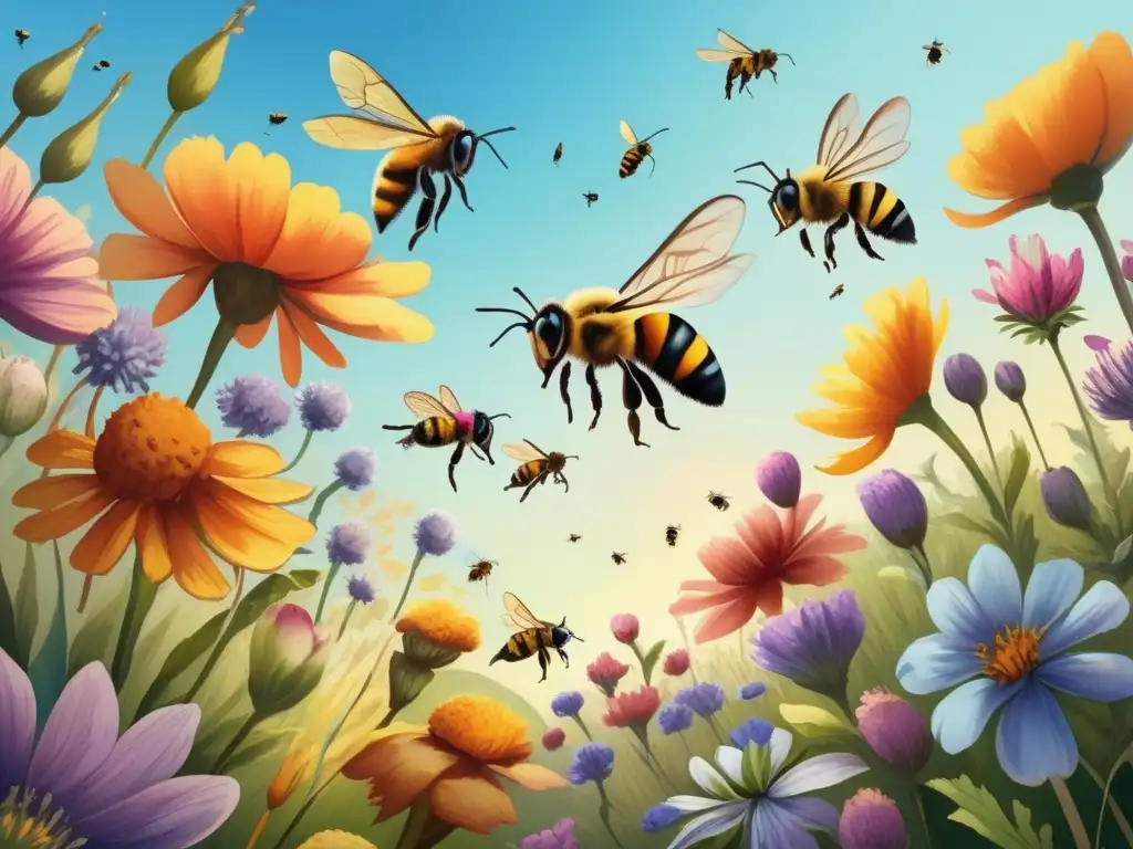 Importancia polinizadores para plantas - Flores vibrantes, cielo azul, abejas trabajadoras