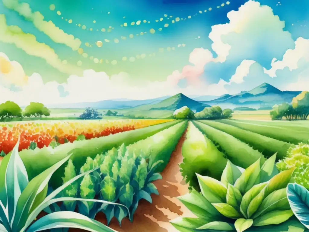 Superalimentos modificados genéticamente: Lush field of vibrant plants, bursting with nutrients, under a clear blue sky