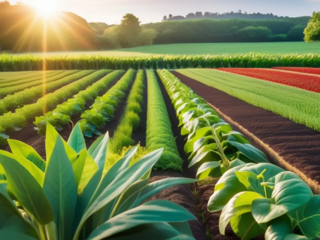 Beneficios simbiosis en plantas: campo verde con cultivos saludables, luz dorada, organismos beneficiosos y estilo acuarela