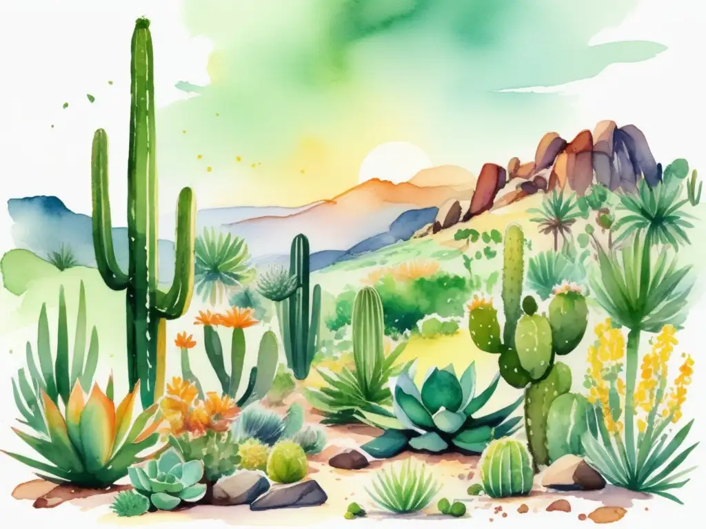 Ilustración vibrante de un campo verde exuberante con plantas resistentes sequía y calor