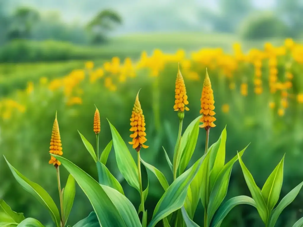 Campo de cúrcuma con flores amarillas y hojas verdes - Propiedades medicinales de la Cúrcuma longa