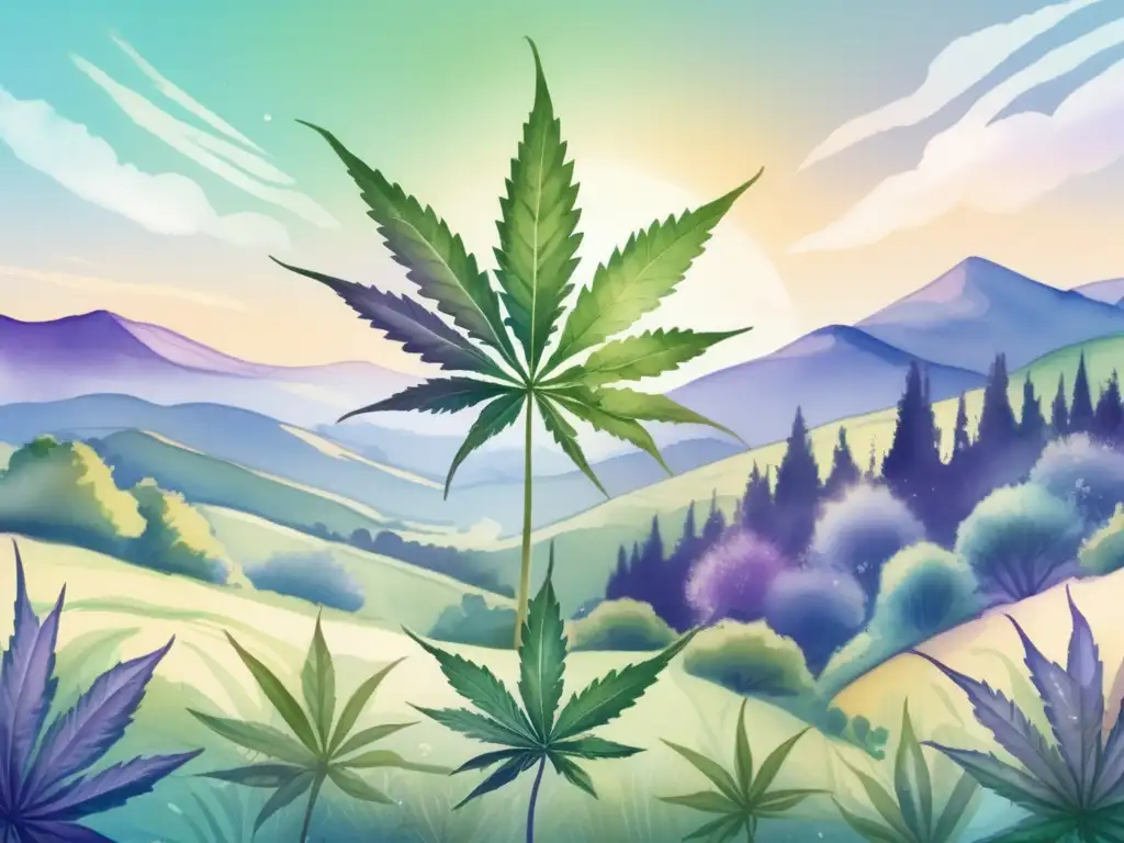 Ilustración acuarela de una exuberante planta de cannabis en pleno florecimiento rodeada de colinas y cielo azul