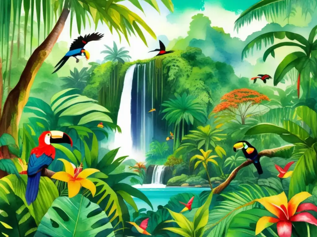 Ilustración acuarela de una exuberante selva tropical llena de especies de plantas tropicales