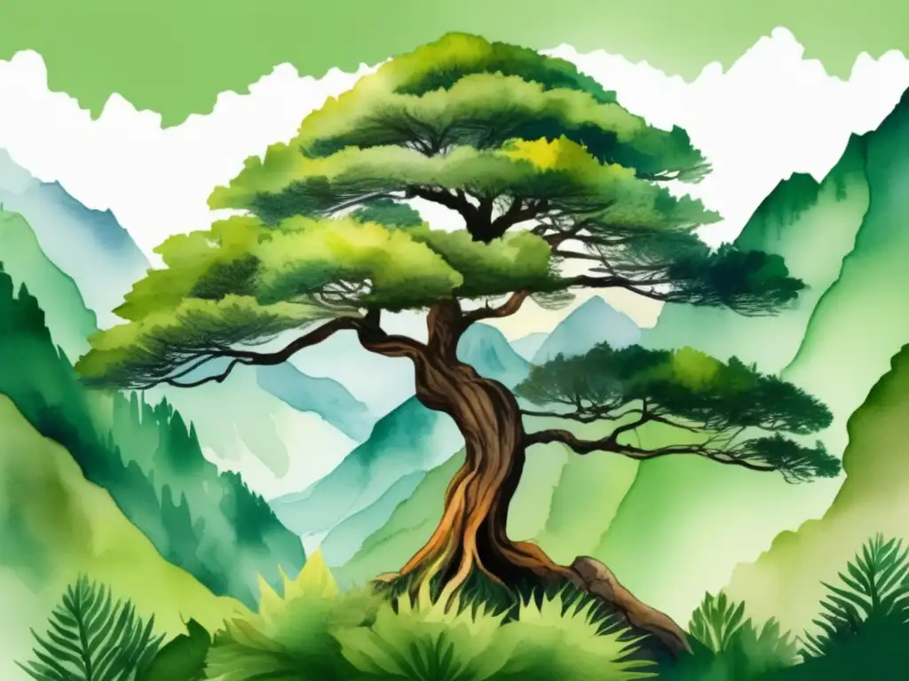 Ilustración acuarela del Cedro del Himalaya con beneficios medicinales en majestuoso paisaje montañoso