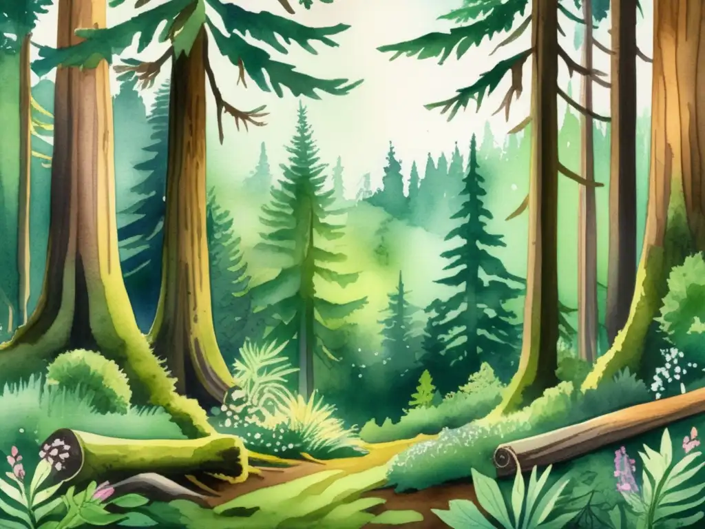 Ilustración vibrante de un bosque exuberante en el Noroeste del Pacífico, con árboles de cedro, símbolos y moss